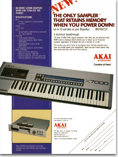 Is this ad layout supposed to be a joke? Having paid once for a professional ad layout for their Akai MPC60, the Akai Professional people in Texas proceeded to milk that layout for subsequent products--hacking, hammering, bending, and beating it into submission every which way. The result was a weird, exceedingly ugly group of ads, one of which is shown here for your amusement. No joke, but it sure looks like one! Akai X7000/S700 digital sampler, 1988: https://www.ericwrobbel.com/art/akai.htm