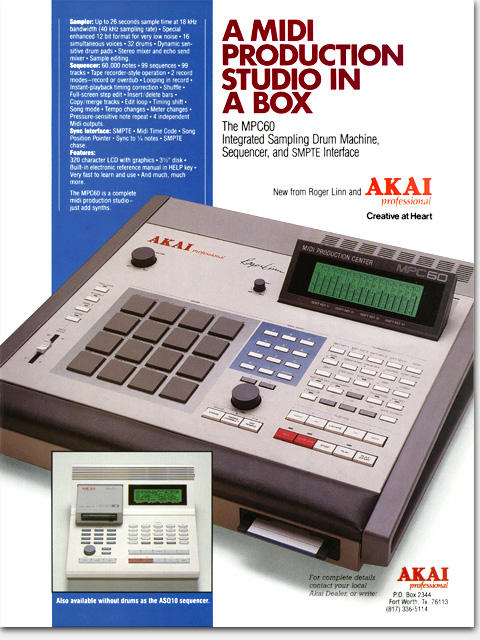 Akai MPC60 'Midi Production Center.' After the closing of Linn Electronics, Roger Linn developed this highly-regarded drum machine/sequencer for Akai. From the art director's website: https://www.ericwrobbel.com/art/akai.htm
