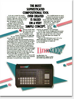 New faces in management at Linn Electronics in 1984 brought their own vision of what should be the company's face to the world. Long-time independent designer for Linn, Eric Wrobbel, strongly disagreed with that vision and subsequently resigned. That vision is exemplified in this ad NOT produced by Wrobbel. More to the story: https://www.ericwrobbel.com/art/linn9000.htm