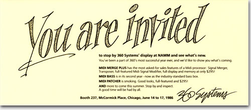 'You are Invited' hand-lettering and type design for 360 Systems by Eric Wrobbel, here: https://www.ericwrobbel.com/art/morelettering.htm