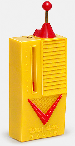 Vintage Remco Tiny Tim crystal radio was made in the USA in 1959. Crystal radios were the first radios. Early ones were quite serious looking--but they survive today in the form of toys. They use no batteries or other power to receive stations but are powered by the faint signals from the broadcasting stations themselves and can be heard only through earphones. From the web's largest private collection of antiques & collectibles: https://www.ericwrobbel.com/collections/crystal-radios.htm