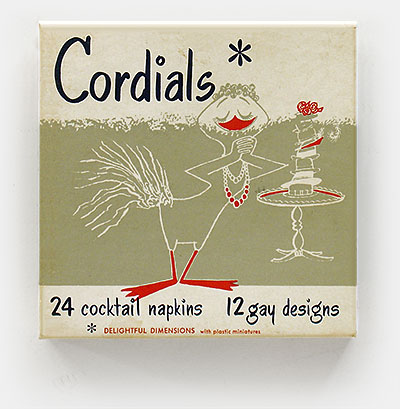 Vintage novelty cocktail napkins, 'Cordials' by Monogram of San Francisco. The box says '24 cocktail napkins, 12 gay designs.' Each napkin featured an attached novelty item making them more memorable but perhaps less useful. This was described as 'Delightful dimensions with plastic miniatures.' Also from the box: 'Copyright 1954 Percy Barker & Jules Pollock.' From the web's largest private collection of antiques & collectibles: https://www.ericwrobbel.com/collections/drinks-2.htm