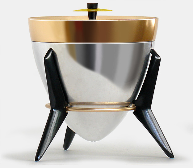 Mid-Century Modern paraphernalia connected with drinking alcohol was FESTIVE. It really knew how to say 'party!' Nowhere does this festive spirit collide with the jet age more successfully than in this stunning nose cone ice bucket made of anodized aluminum with plastic legs. From the web's largest private collection of antiques & collectibles: https://www.ericwrobbel.com/collections/drinks-2.htm