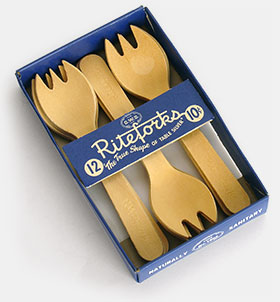 Riteforks, 'the true shape of table silver.' These nicely contoured disposable forks are made of wood. Riteforks, or Rite Forks, by O.W.D., the Oval Wood Dish Corporation, Tupper Lake, NY. They're 'naturally sanitary' and you get 12 for 10 cents! From 'More Kitchen Collectibles' at the web's largest private collection of antiques & collectibles: https://www.ericwrobbel.com/collections/kitchen-2.htm