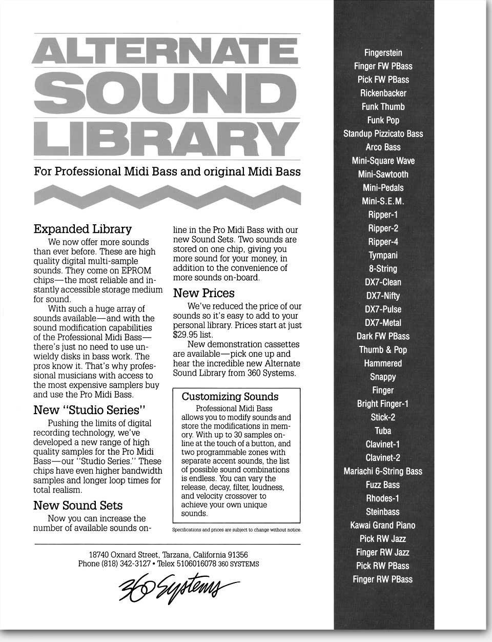 Original data sheet: Alternate Sound Library for Professional Midi Bass and original Midi Bass by 360 Systems, mid-1980s. Eric Wrobbel Design. The Midi Bass is perhaps best known for that distinctive bass sound heard as musical intros and outros on the television show 'Seinfeld.' Other Midi Bass and more vintage gear: https://www.ericwrobbel.com/art/360datasheets.htm