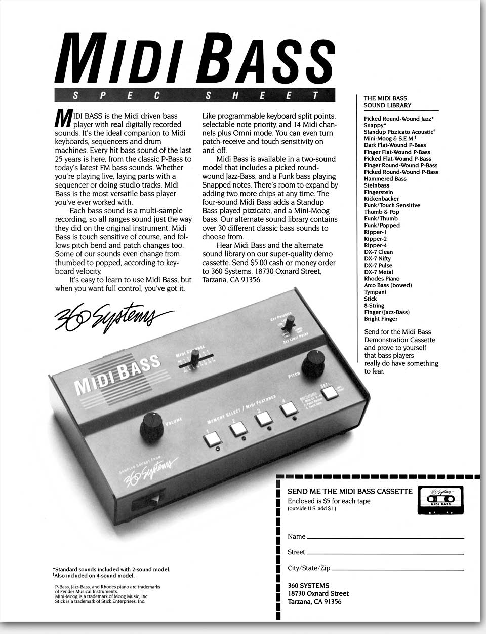 Original data sheet for the Midi Bass by 360 Systems, mid-1980s. Eric Wrobbel Design. The Midi Bass is perhaps best known for that distinctive bass sound heard as musical intros and outros on the television show 'Seinfeld.' Other Midi Bass and more vintage gear: https://www.ericwrobbel.com/art/360datasheets.htm