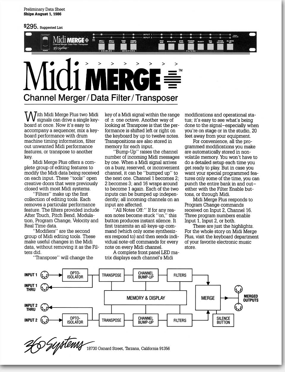 Original data sheet for Midi Merge Plus by 360 Systems, mid-1980s. Eric Wrobbel Design. This channel merger, data filter, and transposer was one of the pioneering devices in the early days of Midi. More vintage gear including Midi Bass: https://www.ericwrobbel.com/art/360datasheets.htm