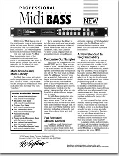Original data sheet for Professional Midi Bass by 360 Systems, mid-1980s. Eric Wrobbel Design. The Midi Bass is perhaps best known for that distinctive bass sound heard as musical intros and outros on the television show 'Seinfeld.' Other Midi Bass and more vintage gear: https://www.ericwrobbel.com/art/360datasheets.htm