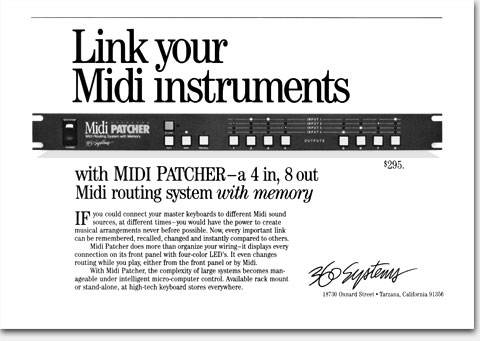 Midi Patcher from 360 Systems, 1986. This ad illustrates effective use of the half-page magazine format. The 'air' in the layout connotes quality that reflect well on both product and maker. https://www.ericwrobbel.com/art/360halves1.htm