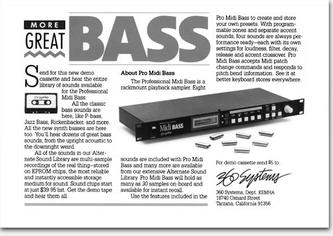 Professional Midi Bass, 360 Systems, 1988. The Midi Bass is perhaps best known for that distinctive bass sound heard as musical intros and outros on the television show 'Seinfeld.' The other Midi Bass and more vintage gear: https://www.ericwrobbel.com/art/360halves2.htm