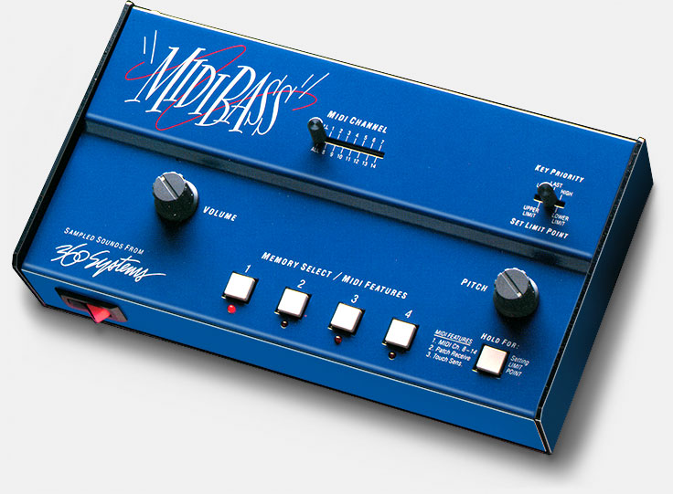 The original Midi Bass as it was first released by 360 Systems in the mid 1980s. The Midi Bass is perhaps best known for that distinctive bass sound heard as musical intros and outros on the television show 'Seinfeld.' The 'Midi Bass' logo on this original version was absolutely detested by music and pro audio dealers and was quickly replaced with a blockier, more conventional logo. Only about 50 were made and sold with this early logo. https://www.ericwrobbel.com/art/360product.htm