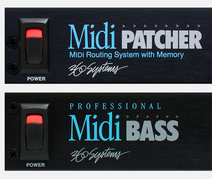 These pioneering Midi devices were released in the mid-1980s. Shown are product logo/panel designs from the 'rack-mounted' Midi Patcher and the professional version of the Midi Bass. The Midi Bass is perhaps best known for that distinctive bass sound heard as musical intros and outros on the television show 'Seinfeld.' Other Midi Bass and more vintage gear: https://www.ericwrobbel.com/art/360product.htm