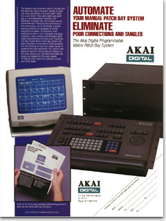 Having paid once for a professional ad layout for their Akai MPC60 by Roger Linn, the Akai Professional people in Texas proceeded to milk the layout for subsequent products--hacking, hammering, bending, and beating it into submission every which way. The result was a weird, ugly group of ads, one of which is shown here for your amusement. The ad 'Automate...Eliminate' is for a laxative? No. The Akai Digital Matrix Patch Bay System PG1000 DP3200 from 1989 https://www.ericwrobbel.com/art/akai.htm