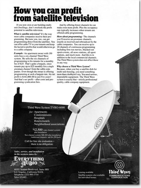 Early satellite TV ad slated to run in Time magazine, 1981. 'When I delivered the art, Time refused to run it, and would give no reason. We'd run similar ads elsewhere, including Hollywood Reporter. Sure, the legality of owning your own dish was still being sorted out in those days, but Time of all people would stand on the side of a free press & free speech, wouldn't they? Or had their recent acquisition of a new thing called HBO changed that?' https://www.ericwrobbel.com/art/easatellitetv.htm