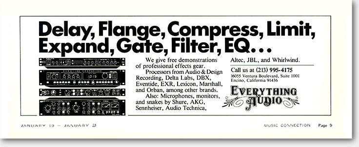 'Delay, Flange, Compress, etc.' Today, it is hard to think how powerful this ad was in 1979. Magazines like 'Music Connection' in Hollywood had spring up but sellers of pro audio gear wanted little to do with the amateurs that read them. My client, Everything Audio, agreed to advertise to that market and I prepared these ads featuring gear by Delta Labs, DBX, Eventide, EXR, Lexicon, Marshall, Orban, AKG, Audio Technica, Altec, JBL. More here: https://www.ericwrobbel.com/art/eathirdsmore.htm