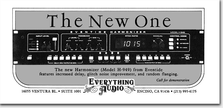 Eventide Harmonizer H-949 ad, 1979, Everything Audio. 1/3 page square ads were always a lousy space buy because you inevitably got stacked with another one, diluting your effectiveness on the page. So for client Everything Audio I sort-of 'invented' the 1/3 horizontal, a configuration not then to my knowledge in any magazine's rate card. These ads perfectly suited the shapes of 'rack mounted' gear, which is why I thought of it in the first place. https://www.ericwrobbel.com/art/eathirds.htm