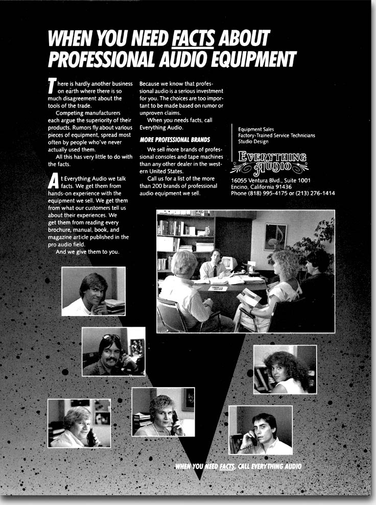 Another 'people ad' for Everything Audio, 1985. The people pictures continued to get excellent results. In the magazines in which these ads ran, there were often no other pictures of people at all outside of editorial. In the other ads? Zip. It now seems obvious. People are, after all, interested in people. Each ad told the company's story in a different way, positioning them as 'hands-on' users of the gear offered rather than just sellers. https://www.ericwrobbel.com/art/eathree.htm