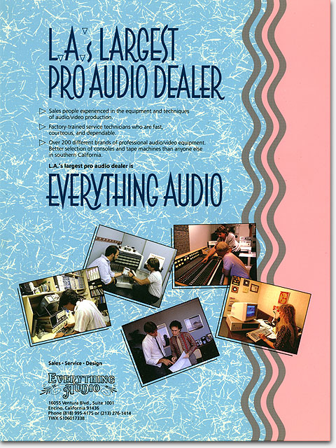 Vintage 1986 ad: 'LA's largest pro audio dealer--Everything Audio.' The background art and lettering was a radical departure for a pro audio ad at the time. One might argue that this design hasn't aged particularly well, but it can't be denied that then, as now, it gets your attention! More here: https://www.ericwrobbel.com/art/everythingaudio.htm