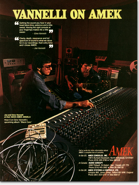 Ad for Amek recording console, 1984, featuring Gino Vannelli and brother/producer Joe Vannelli. Eric Wrobbel Advertising, here: https://www.ericwrobbel.com/art/ginovannelli.htm