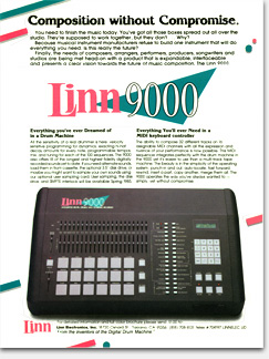 Linn 9000 ad 'Composition without Compromise.' New faces in management at Linn Electronics in 1984 brought their own vision of what should be the company's face to the world. Long-time independent designer for Linn, Eric Wrobbel, strongly disagreed with that vision and subsequently resigned. That vision is exemplified in this, the first Linn ad NOT produced by Wrobbel. More to the story: https://www.ericwrobbel.com/art/linn9000.htm