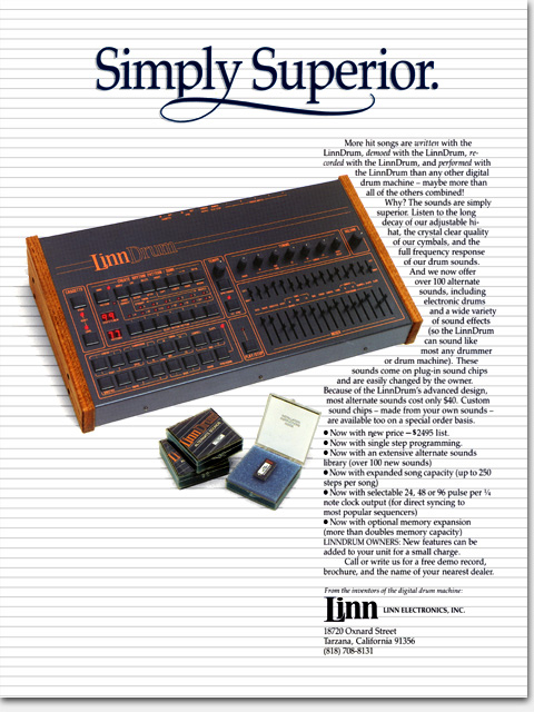 LinnDrum--'Simply Superior.' In creating advertising, dealing with existing materials rather than starting completely fresh presents many challenges. Yet this is often a fact of life in advertising art. See how this 1984 ad came together here: https://www.ericwrobbel.com/art/linnsimplysuperior.htm