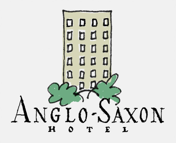 'Anglo-Saxon Hotel' logo used on stationery for an imaginary hotel such as would have been seen in the 1980s in little ads in the back of The New Yorker magaine. From an assortment of fake, droll stationery hand-drawn and used by artist Eric Wrobbel for correspondence during this period. More here: https://www.ericwrobbel.com/art/fakestationery.htm