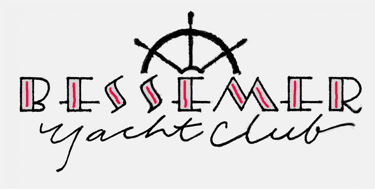 'Bessemer Yacht Club' logo used on stationery for an imaginary yacht club in the middle of dry, harborless Van Nuys, California. From an assortment of fake stationery hand-drawn and used facetiously by artist Eric Wrobbel for correspondence during this period. More here: https://www.ericwrobbel.com/art/fakestationery.htm