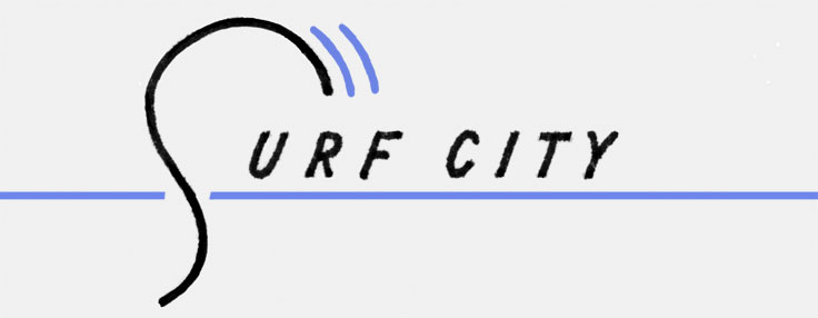 In the 1980s 'Surf City' was just a Jan & Dean oldie. Thinking it a great name for a town, artist Eric Wrobbel created this logo for use on personal correspondence in his droll line of facetious stationery, here: https://www.ericwrobbel.com/art/fakestationery.htm