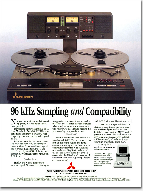 Ad for Mitsubishi X-86 Digital Audio Recorder. From its creator: 'To some people, this looks like nothing. But to actual prospects for this product, this ad, from 1988, looked very interesting indeed. The layout said QUALITY loudly and clearly in a magazine otherwise filled with products flying through space and other such nonsense. This very effective ad delivered a strong message unhindered by pointless 'artistic' distractions' More: https://www.ericwrobbel.com/art/mitsubishi96kHz.htm