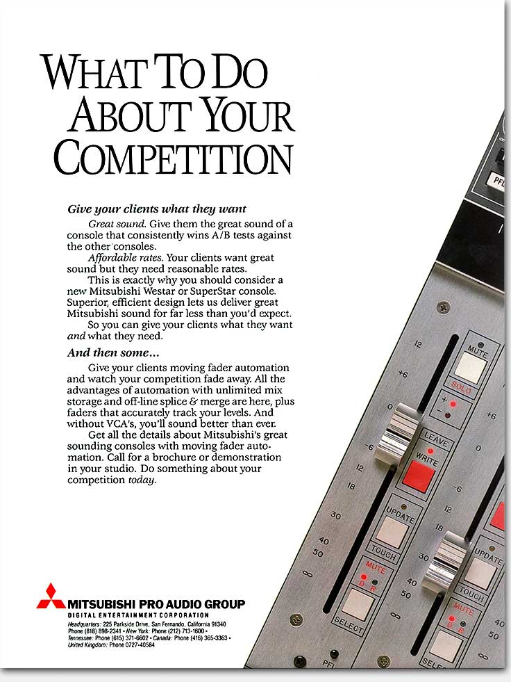 This ad is a cross between the venerable 'how-to' ad and a high-road corporate ad--with an arty photo of the product. But it's more than arty. The photo zooms right in on the actual working surface so close the reader can 'taste it.' The ad is for a recording console, some versions of which can be longer than twenty feet! Showing a full console means essentially just showing the shape of it. Isn't this close-up more to the point? More: https://www.ericwrobbel.com/art/mitsubishicompetition.htm