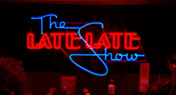 'The Late Late Show' in neon. Designed by Eric Wrobbel and made by Charles Di Bona of Custom Neon, the primary force in the renaissance of neon in the 1970s. The hand-drawn letterforms combine art deco (the words 'Late Late' are in a variation of a typeface associated with that style) with a bold, free, and vivacious script as practiced in the heyday of hand-lettering. A perhaps not-so-subtle influence of 1950s automobile lettering can be seen as well. https://www.ericwrobbel.com/art/neon.htm
