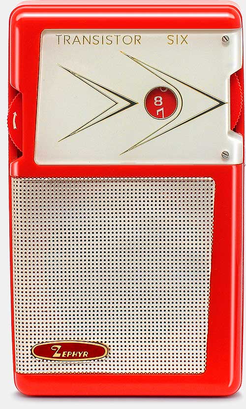 Vintage Zephyr AR-630 transistor radio. Beautiful asymetric styling and an underpainted dial panel make this six-transistor one of the most beautiful transistor radios ever made. Made by Aiwa in Japan, circa 1959. From the book 'Great Little Radios From Global & Zephyr' here: https://www.collectornet.net/books/transistor/