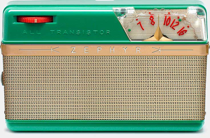 Vintage Zephyr TR-64 transistor radio made by Constant (Fuji High Frequency Radio Laboratory) in Japan, circa 1958. From the book 'Great Little Radios From Global & Zephyr' here: https://www.collectornet.net/books/transistor/
