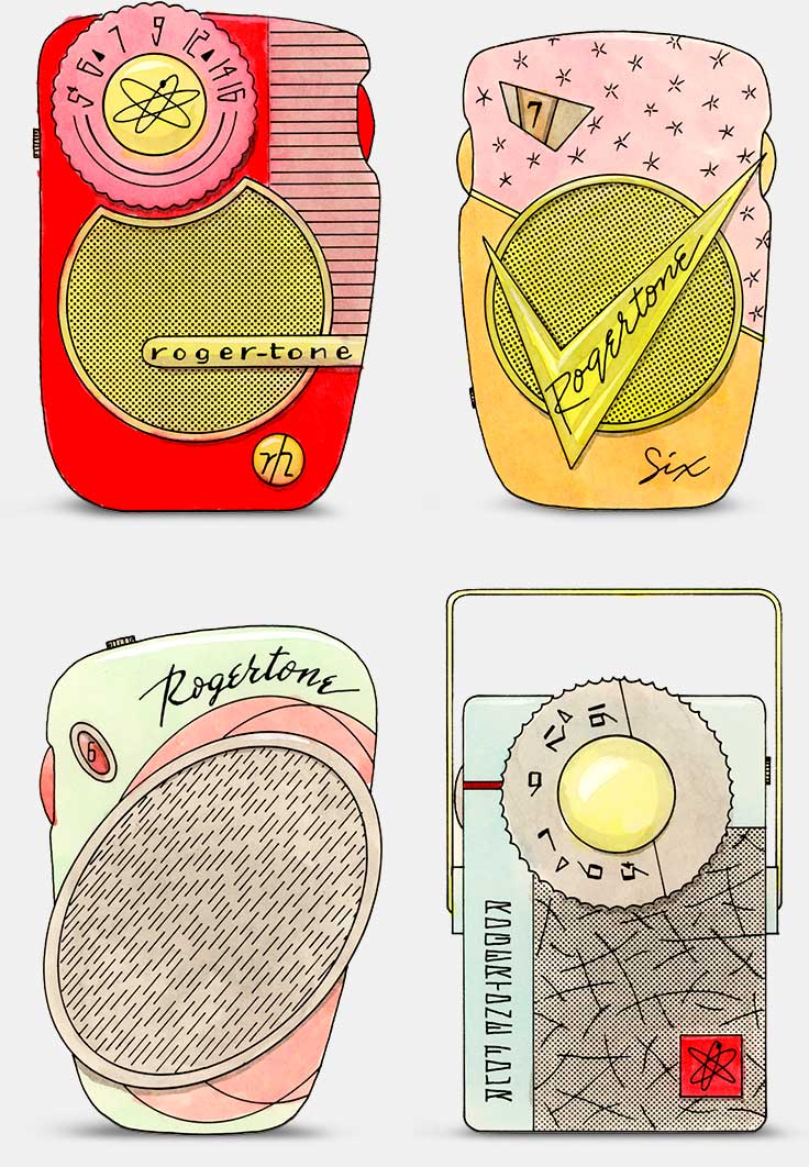 Proposed 'Rogertone' transistor radio designs made as a gag by Eric Wrobbel in the early 1990s: https://www.ericwrobbel.com/art/rogertone.htm