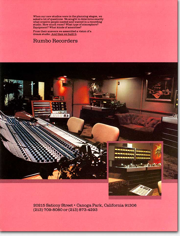 Rumbo Recorders recording studio, Canoga Park, California. Daryl Dragon. From brochure by Eric Wrobbel Design: https://www.ericwrobbel.com/art/rumbo.htm