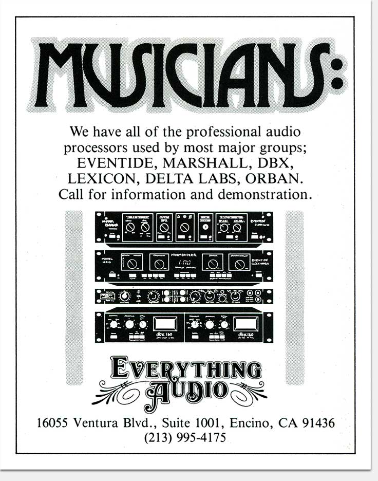 Everything Audio advertisement in Music Connection magazine. Eric Wrobbel Advertising, design, illustration. https://www.ericwrobbel.com/art/smallbandw.htm