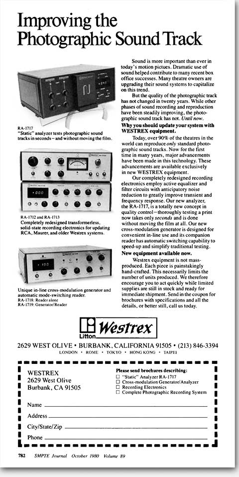 Improving the photographic sound track. Westrex division of Litton Industries. Eric Wrobbel advertising. Western Electric Noiseless Recording.