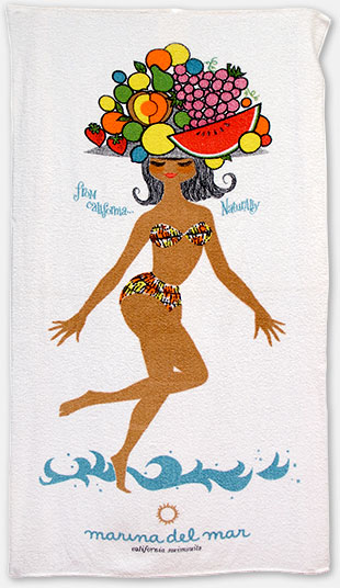 From California Naturally, Marina del mar California Swimsuits beach towel vintage antique collectible. From 'More Bathroom Collectibles' at the web's largest private collection of antiques & collectibles: https://www.ericwrobbel.com/collections/bathroom-2.htm