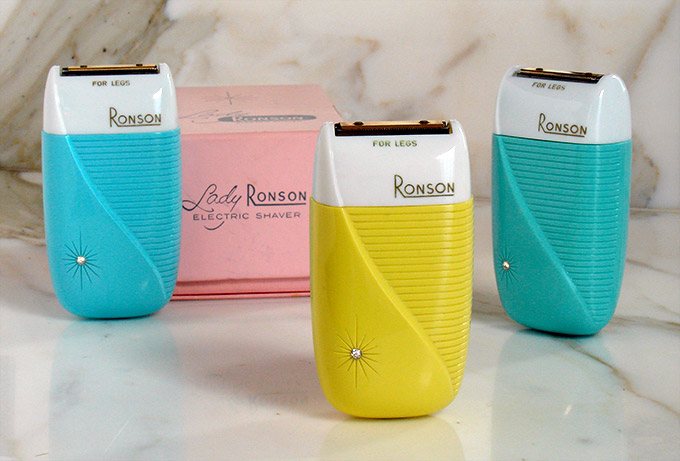 Vintage collectible Lady Ronson electric shavers, c.1960, made in W. Germany. From 'More Bathroom Collectibles' at the web's largest private collection of antiques & collectibles: https://www.ericwrobbel.com/collections/bathroom-2.htm