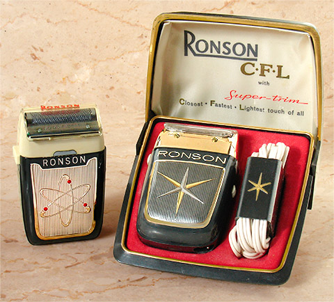 Vintage collectible Ronson shavers, C.F.L. models c.1959 (USA). Atomic! From 'More Bathroom Collectibles' at the web's largest private collection of antiques & collectibles: https://www.ericwrobbel.com/collections/bathroom-2.htm