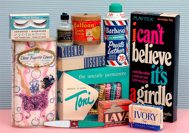 Bathroom collectibles: Hazel Bishop False Eyelashes, Toni, Playtex 'I can't believe it's a girdle,' ivory soap, lava, Vintage Kleenex, Barbasol, and vintage Murine eye drops. From 'Bathroom Collectibles' at the web's largest private collection of antiques & collectibles: https://www.ericwrobbel.com/collections/bathroom-1.htm