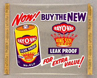 Vintage Ray-O-Vac battery 'sign.' It is an unused clear sticker intended for a store window. Inscribed 'Goodstix' by the Goodren Prod. Corp. Englewood, N.J. From 'More Batteries' at the web's largest private collection of antiques & collectibles at https://www.ericwrobbel.com/collections/batteries-2.htm