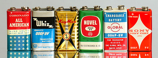 Vintage batteries from Coronado All American (Gamble-Skogmo Inc.) NEDA 1604, 9V, Whiz 006P (9V, Taiwan), Key Max 006P (9V, Japan) Kanda Dry Battery Co., Ltd, Novel 006P (9V Fuji Electrochemical, Japan), Global Chargeable 006P-8V (8V, Japan), Sony 006P (9V, Japan). From 'More Batteries' at the web's largest private collection of antiques & collectibles, at https://www.ericwrobbel.com/collections/batteries-2.htm