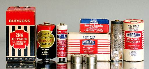 Vintage batteries: Burgess 2N6 Activator NEDA 1602 VS305 246 (9V, USA), Sears Silvertone 6421 mercury (9V, USA), Eveready No. E177 mercury (9V, USA), Eveready E640 mercury batteries (2) with box (1.4V, USA), Eveready E133 mercury (in box), (4V, USA), Bell System, 'October 22, 1955. Dry Cell.' Eveready E233 Mercury Energizer (4.2V, USA). From 'More Batteries' at the web's largest private collection of antiques & collectibles at https://www.ericwrobbel.com/collections/batteries-2.htm