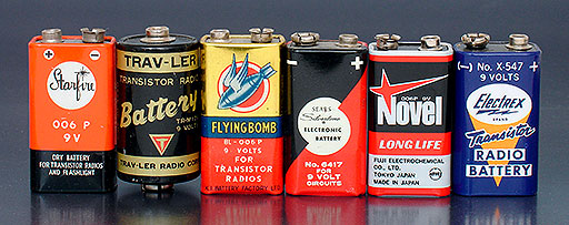 Vintage Collectible 9-volt batteries: Starfire 006P (9V, Hong Kong), Trav-Ler TR-M106 (9V, USA), Flying Bomb BL-006P (9V, Hong Kong), Sears Silvertone 6417 (9V, USA), Novel 006P (9V Fuji Electrochemical, Japan), Electrex X-547 (9V, USA).  From 'Collecting Batteries' at the web's largest private collection of antiques & collectibles: https://www.ericwrobbel.com/collections/batteries.htm