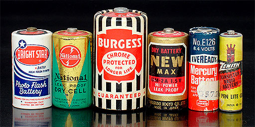 Vintage Collectible batteries: Bright Star Photo Flash Battery 11P C-cell (1.5V,  USA, this one shows an expiration date of Jan '63), National (Matsushita) C-cell (1.5V, Japan), Burgess No. 2 D-cell (1.5V, USA), New Max UM-2A (1.5V, Japan), Eveready E126 Mercury battery (8.4V, USA), Zenith AA (1.5V, Japan). From 'Collecting Batteries' at the web's largest private collection of antiques & collectibles: https://www.ericwrobbel.com/collections/batteries.htm