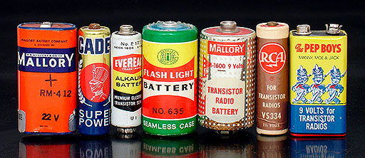 Collectible batteries: Mallory RM-412 (22V, USA), Cadet (1.5V, Japan), Eveready E177, an early alkaline battery before they were called 'energizers,' NEDA 1606 (9V, USA), Gambles Flashlight Battery No. 635 (1.5V, Hong Kong), Mallory M-1600 (9V, USA), RCA VS334 (1.5V, USA), Pep Boys–made by Cadet– (9V, Hong Kong).  From 'Collecting Batteries' at the web's largest private collection of antiques & collectibles: https://www.ericwrobbel.com/collections/batteries.htm