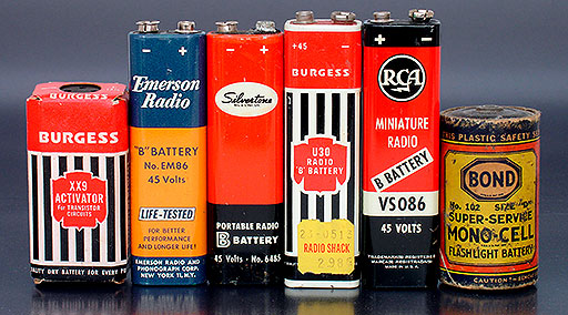 Collectible batteries: Burgess XX9 Activator NEDA 1900 (dual voltage: 9 and 13.5, USA), Emerson Radio EM85 'B' battery (45V, USA), Silvertone 6485 'B battery' (45V, USA), Burgess U30 'B battery' (45V, USA), RCA VS086 'B battery' (45V, USA), Bond No. 102 Super-Service Mono-Cell (1.5V, USA, 'For best results use before 1946'). From 'Collecting Batteries' at the web's largest private collection of antiques & collectibles: https://www.ericwrobbel.com/collections/batteries.htm