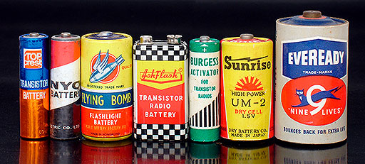 Vintage collectible batteries: Top Crest (1.5V, USA), Sanyo (1.5V, Japan), Flying Bomb (1.5V, Hong Kong), AshFlash (9V, Hong Kong), Burgess Activator 930 (1.5V, USA), Sunrise UM-2 (1.5V, Japan), Eveready 950 D-cell (1.5V, USA, this on is marked 'For best results put in service before 1951').  From 'Collecting Batteries' at the web's largest private collection of antiques & collectibles: https://www.ericwrobbel.com/collections/batteries.htm