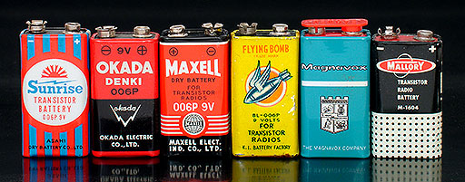 Vintage collectible transistor radio batteries: Sunrise 006P (9V, Japan), Okada 006P (9V, Japan, Maxell 006P (9V, Japan), Flying Bomb BL-006P (9V, Hong Kong), Magnavox 1604 (9V, Japan), Mallory M-1604 (9V, USA). From 'Collecting Batteries' at the web's largest private collection of antiques & collectibles: https://www.ericwrobbel.com/collections/batteries.htm